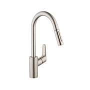 Steel optic high-arc kitchen faucet with pull-down spray head and single lever handle.