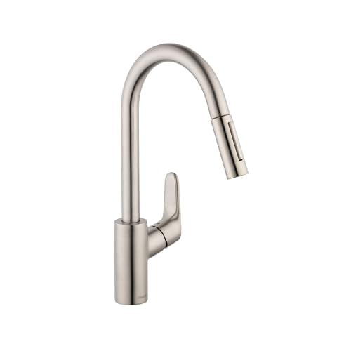 Steel optic high-arc kitchen faucet with pull-down spray head and single lever handle.