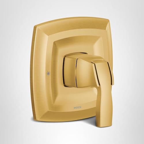 Brushed gold single-handle valve trim with curved rectangular escutcheon plate and lever handle.