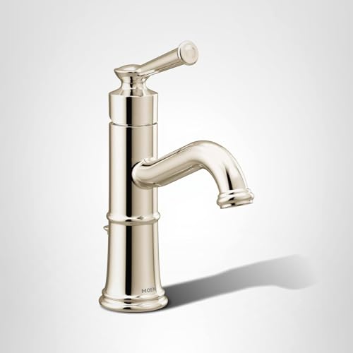 Polished nickel single-handle bathroom sink faucet with curved spout and tall cylindrical body.