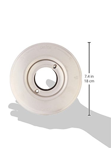 Stainless steel circular escutcheon with center opening and mounting holes, 7.4 inches diameter.