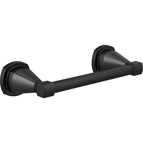 Black metal tissue holder with conical end caps and cylindrical bar for wall mounting.
