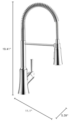 Chrome kitchen faucet with tall curved spout, flexible hose, and side lever control.