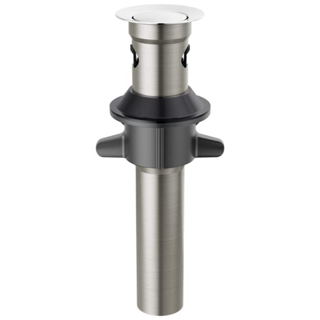 Chrome and black metal push-pop drain assembly with overflow outlet and dual handles for sink installation.