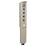 Brushed nickel linear rectangular handshower with multiple spray nozzles and control buttons mounted on vertical panel.