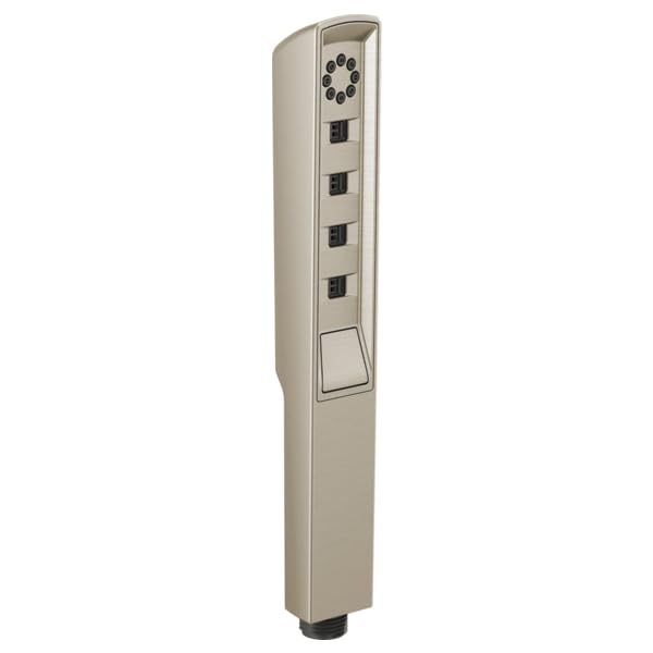 Brushed nickel linear rectangular handshower with multiple spray nozzles and control buttons mounted on vertical panel.