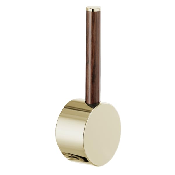 Brizo Odin pull-down faucet lever handle kit with dark wood shaft and brushed gold circular base.