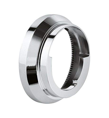 Polished chrome stop ring with ribbed interior gripping surface for faucet assembly.