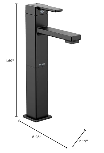 Matte black single-hole vessel sink faucet with tall squared tower body and angled spout, 11.69 inches high.