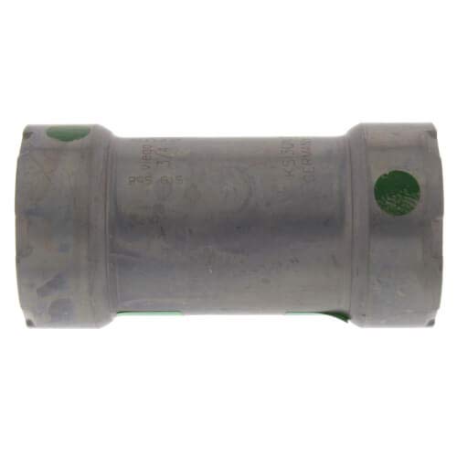 Silver metallic cylindrical coupling with green indicator dots on each end and embossed text on center barrel.