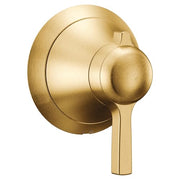 Brushed gold round valve trim with spherical handle and circular escutcheon plate for shower or tub control.