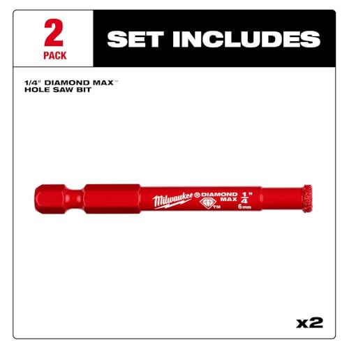 Two red Milwaukee Diamond MAX 1/4 inch diamond grit hole saw bits with hexagonal shanks.