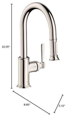 Polished nickel pull-down kitchen faucet with curved spout and single lever handle, 22.05 inches tall.