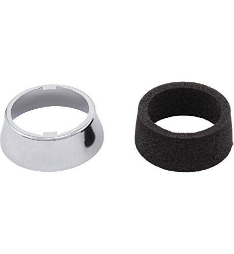 White metal escutcheon ring and black foam gasket for pull-out faucet assembly.