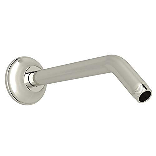 Polished nickel wall-mounted shower arm with circular escutcheon and angled spout extending 9 inches.