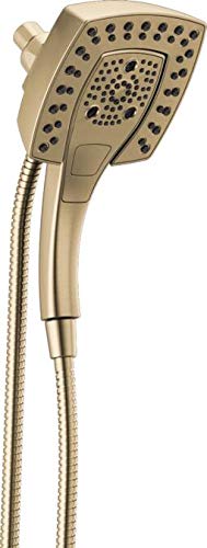 Square champagne bronze showerhead with handheld attachment and flexible hose.