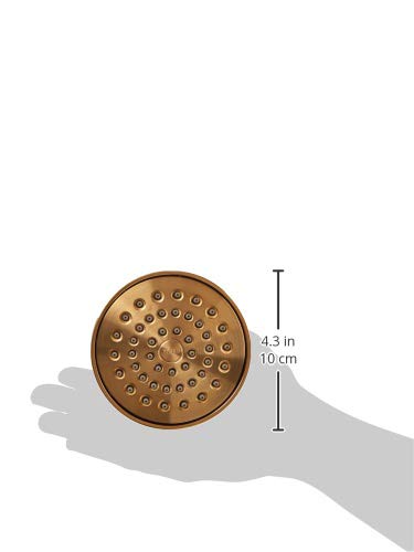 Round brushed gold showerhead with multiple spray holes and diameter measurement of 4.3 inches displayed on side.