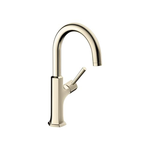 Polished nickel bar faucet with high curved spout and single side lever handle.