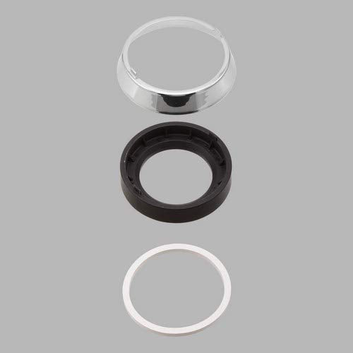 Chrome trim ring with black rubber gasket and base ring displayed in three separated components.