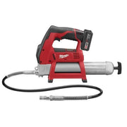 Red and black cordless grease gun with battery, hose, and coupler attachment.