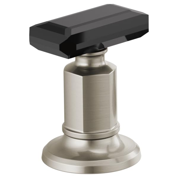 Black crystal lever handle on brushed nickel cylindrical base with round foot for widespread lavatory faucet.