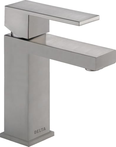 Modern square-shaped bathroom faucet with single handle and rectangular spout in brushed chrome finish.