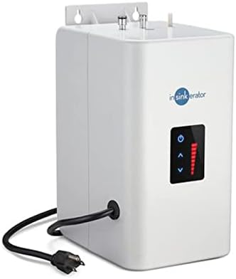 White instant hot water tank and filtration system with black control panel, power cord, and dispensing faucet attachment.