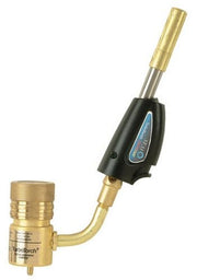 Brass torch head with black grip handle and curved connector tube attached to brass fuel canister base.
