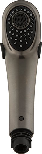 Stainless steel pullout wand assembly with multiple spray holes and attached hose connector.