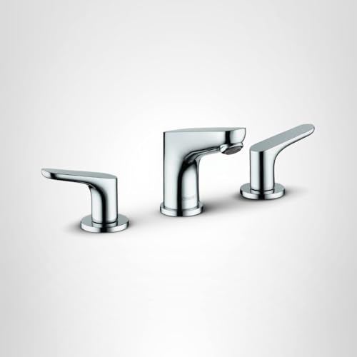Chrome widespread bathroom faucet with two lever handles and curved spout.