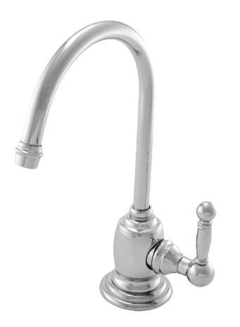 Single-handle water dispenser with curved spout, round base, and lever handle in polished chrome finish.