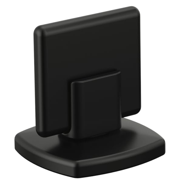 Black knob handle with rounded square base and backplate for widespread lavatory faucet installation.