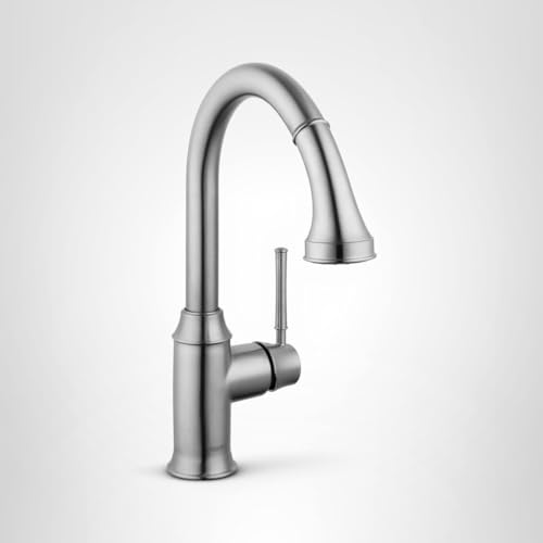 Stainless steel high-arc kitchen faucet with pull-down spray head and single handle control.