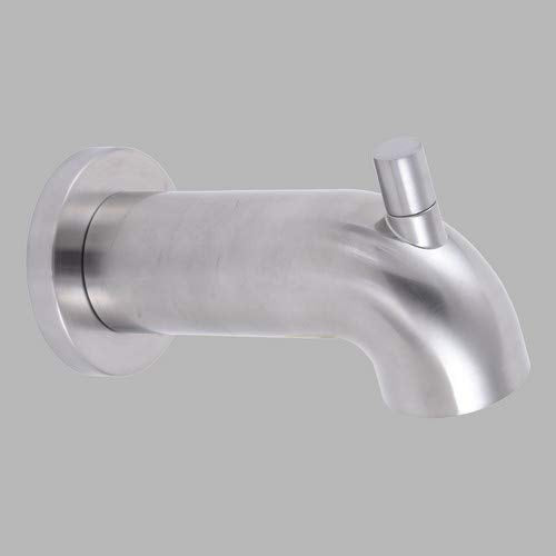 Stainless steel tub spout with pull-up diverter and wall-mounted round flange.