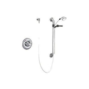 Chrome single-handle shower trim with round valve, handheld showerhead, wall-mounted arm, and supply line.