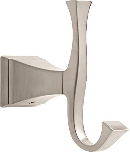 Brushed nickel double robe hook with curved hooks and square mounting plate.