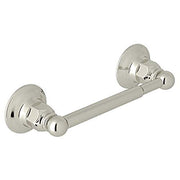 Polished nickel toilet paper holder with spring-loaded roller and wall-mounted circular flanges on each end.