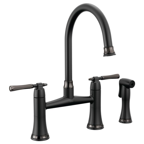 Black bridge kitchen faucet with high arching spout, dual handles, and detachable side spray.