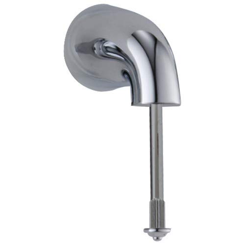Chrome metal lever handle with curved design and round wall plate, mounted on vertical stem.