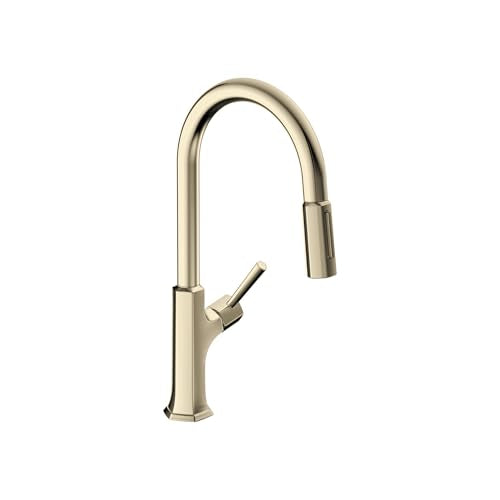 Polished nickel high-arc kitchen faucet with pull-down sprayer and single lever handle.