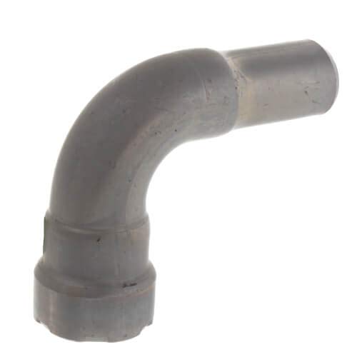 Silver zinc-nickel coated carbon steel 90-degree street elbow with press fitting connections on both ends.
