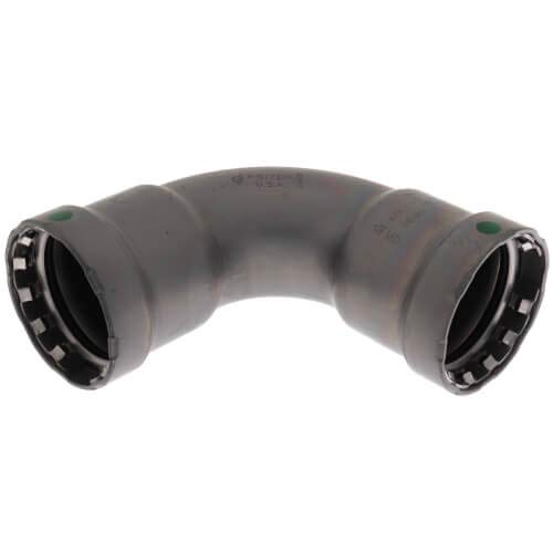 Metal 90-degree elbow fitting with press-connect ends and zinc-nickel coating.
