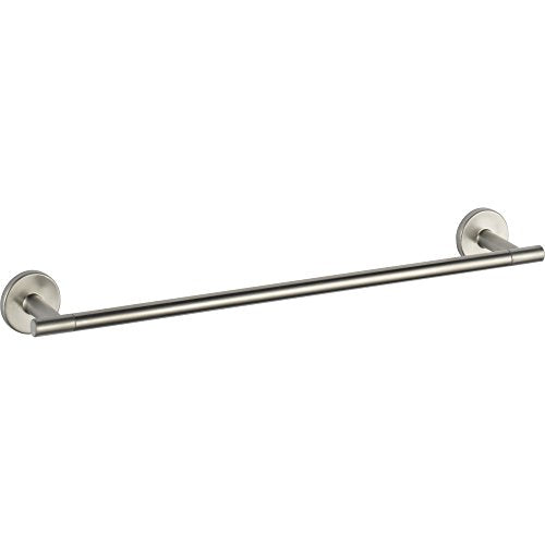 Stainless steel towel bar with circular wall mounts on each end, mounted horizontally.