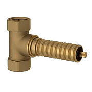 Brass T-shaped volume control valve with threaded inlet, corrugated outlet tube, and adjustment screw.