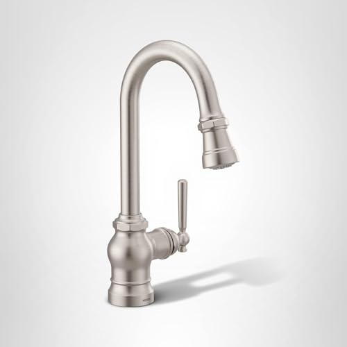 Spot resist stainless steel single-handle pulldown kitchen faucet with curved spout and side control lever.
