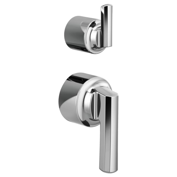 Chrome and black pressure balance valve trim with lever handle and integrated diverter control.