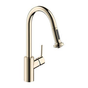 Polished nickel high-arc kitchen faucet with pull-down spray head and single lever handle.