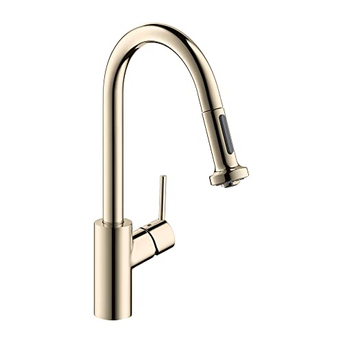 Polished nickel high-arc kitchen faucet with pull-down spray head and single lever handle.