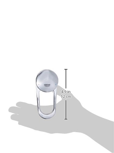 Chrome-plated lever handle with circular top and curved stem, 4.9 inches tall, shown in hand for scale.