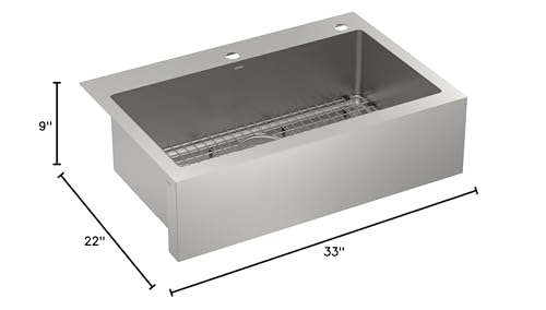 Stainless steel single bowl apron front kitchen sink with bottom grid, 33" x 22" x 9".